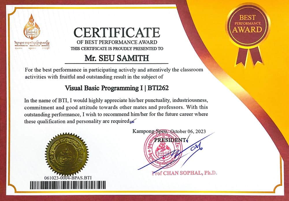 Visual Basic Programming I certificate image